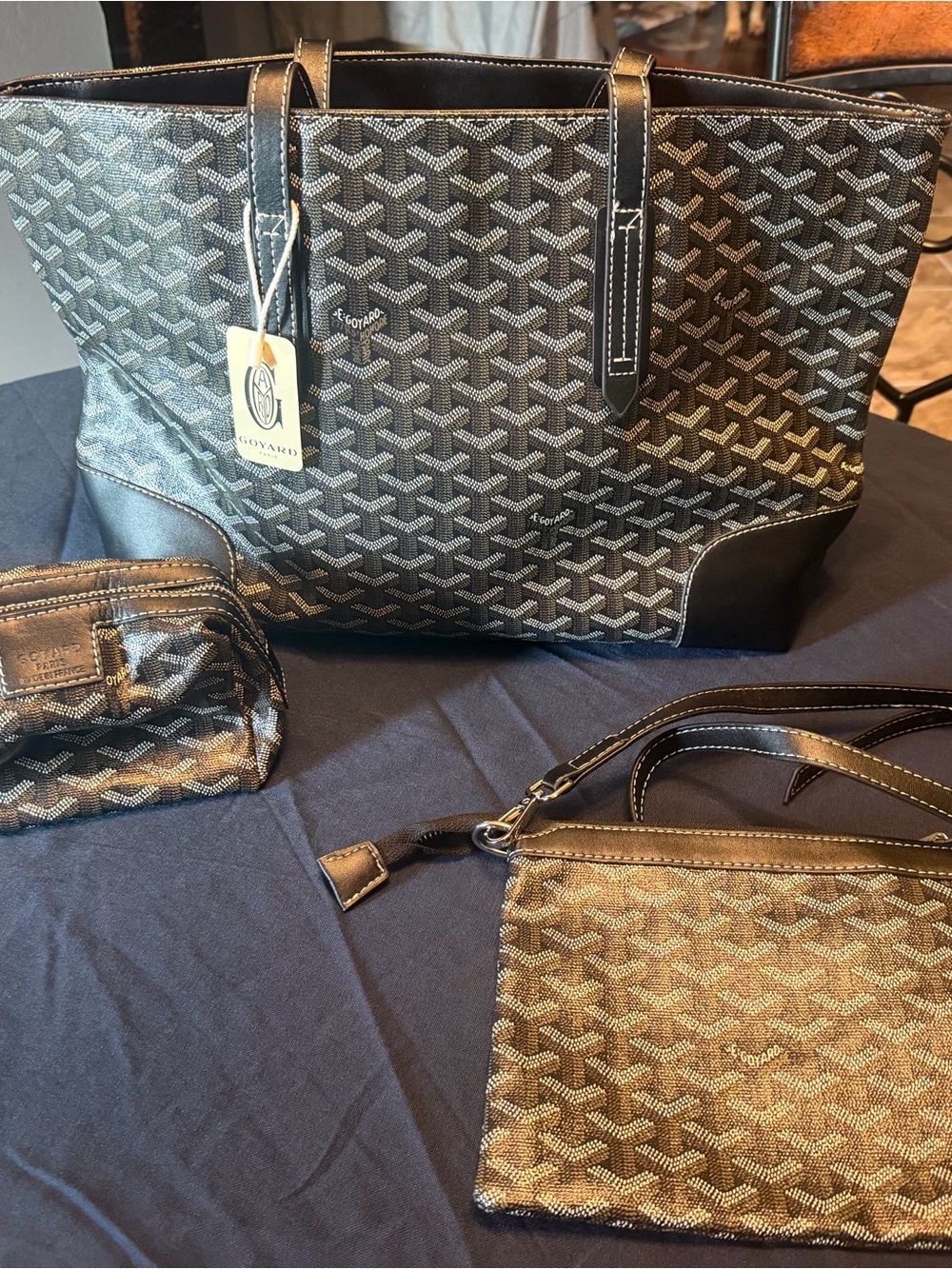 Goyard Black and Brown Chevron Tote with Two Matching Pouches